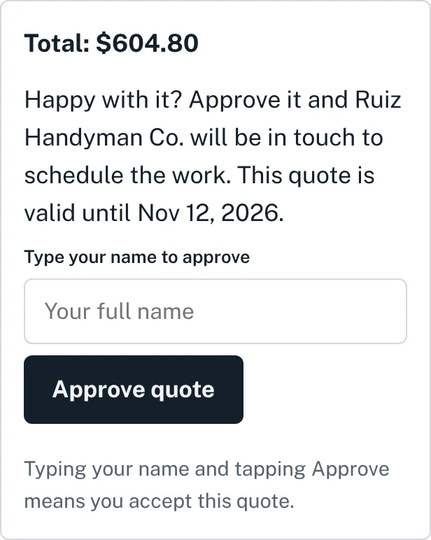 The customer's quote page with a box to type their name and an Approve quote button.