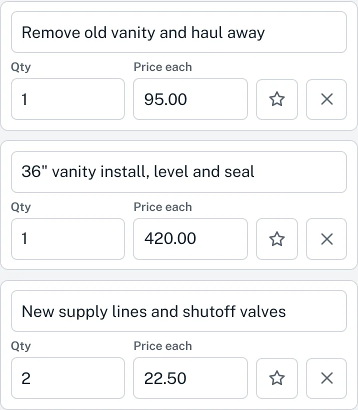Quote line items with quantities and prices, each with buttons to save or remove the line.
