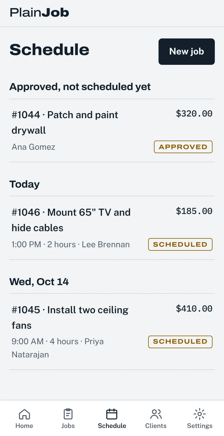 The schedule screen listing upcoming jobs by day, with times and clients.